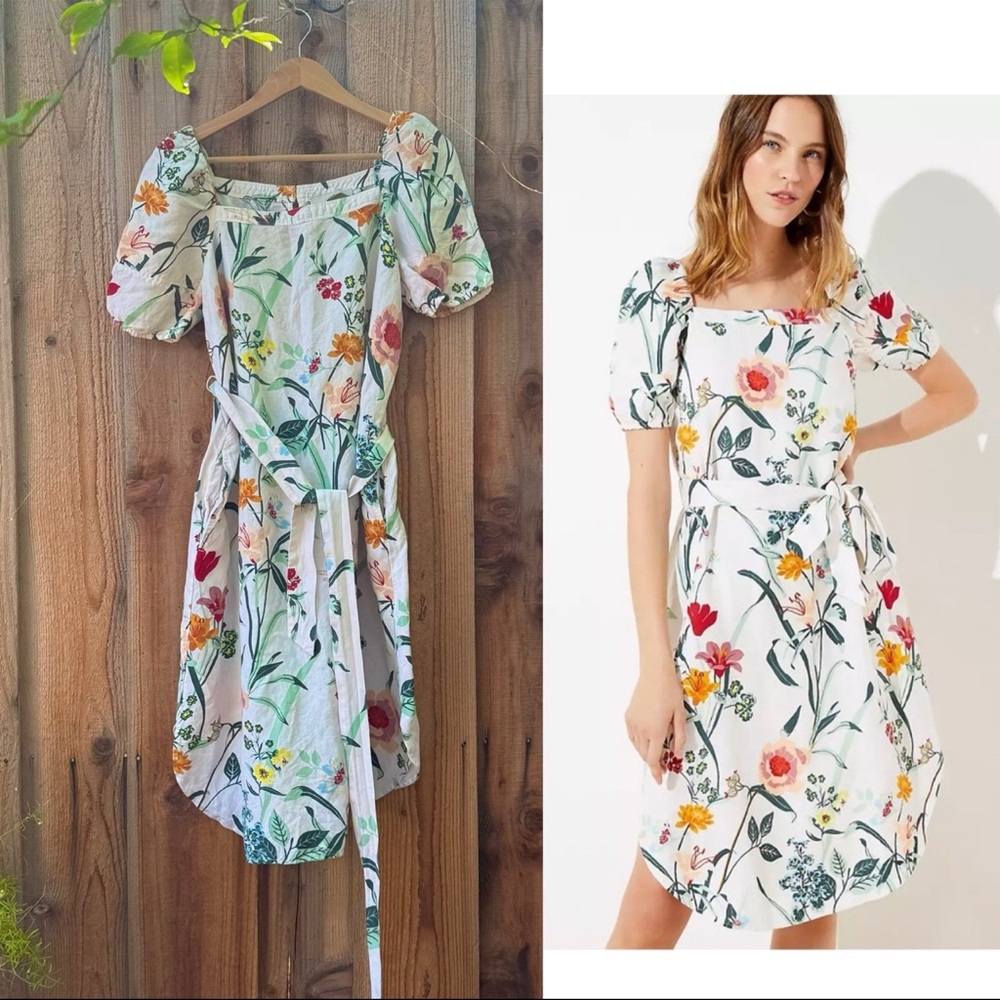 White Colorful Floral Linen Puff-Sleeve Cottagecore MIDI Dress 🌿🌿
